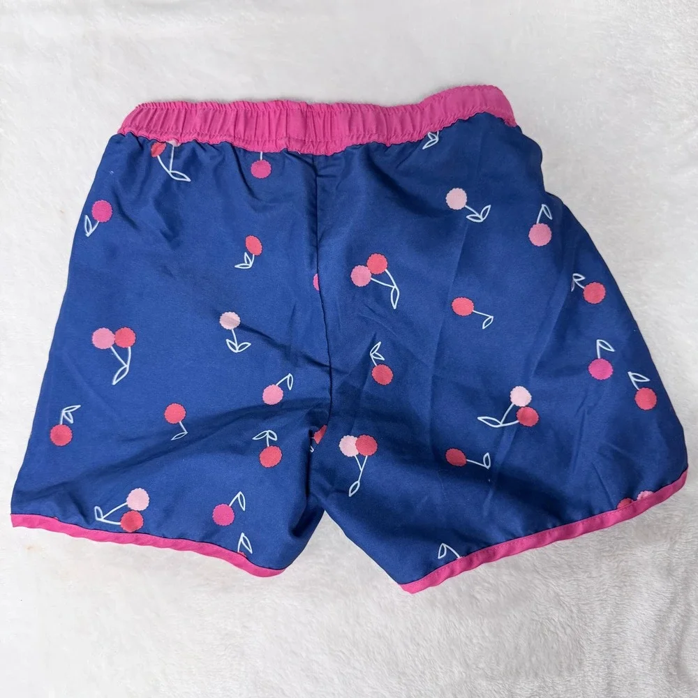 Hanna Andersson Girls Cherry Print Board Shorts Navy Pink Swim Trunks Size 5 110